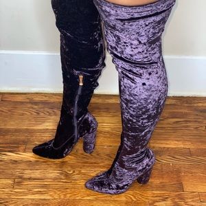 Purple velvet thigh high boots